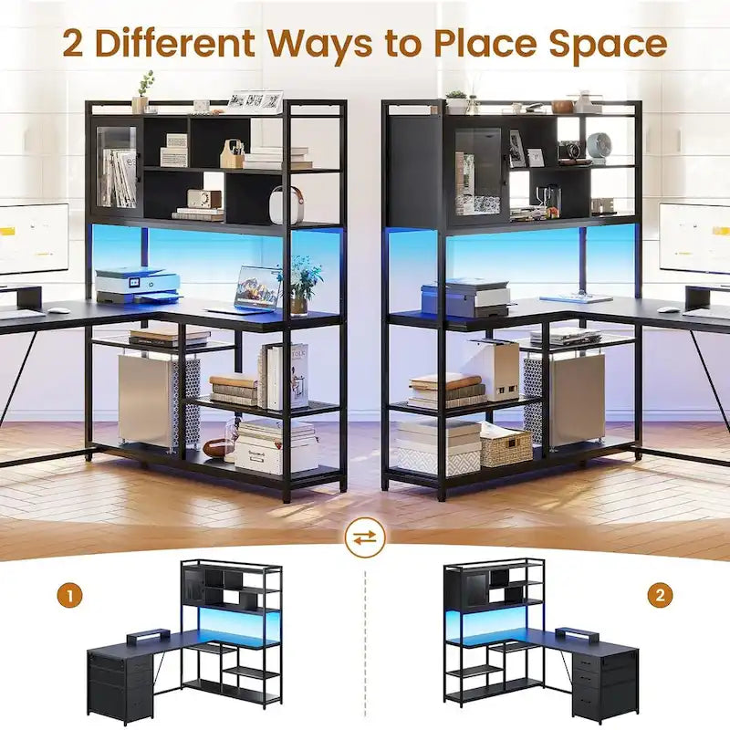L Shaped Computer Desk 58 Office Desk with 3 Drawers and Bookshelf