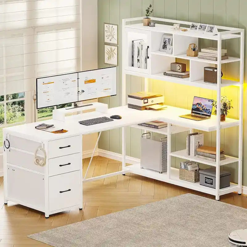 L Shaped Computer Desk 58 Office Desk with 3 Drawers and Bookshelf