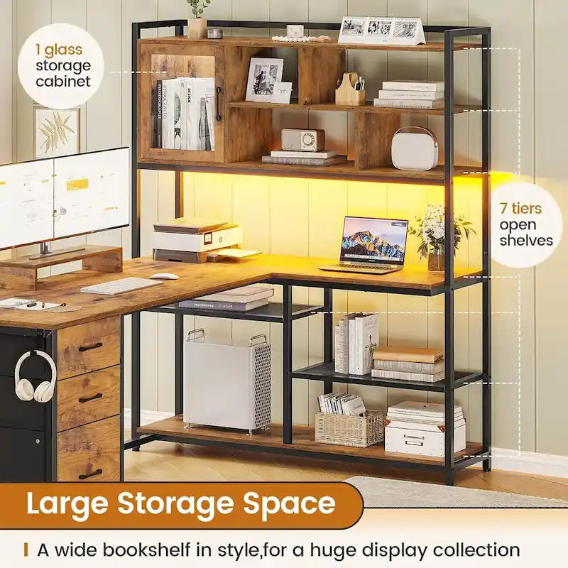 L Shaped Computer Desk 58 Office Desk with 3 Drawers and Bookshelf