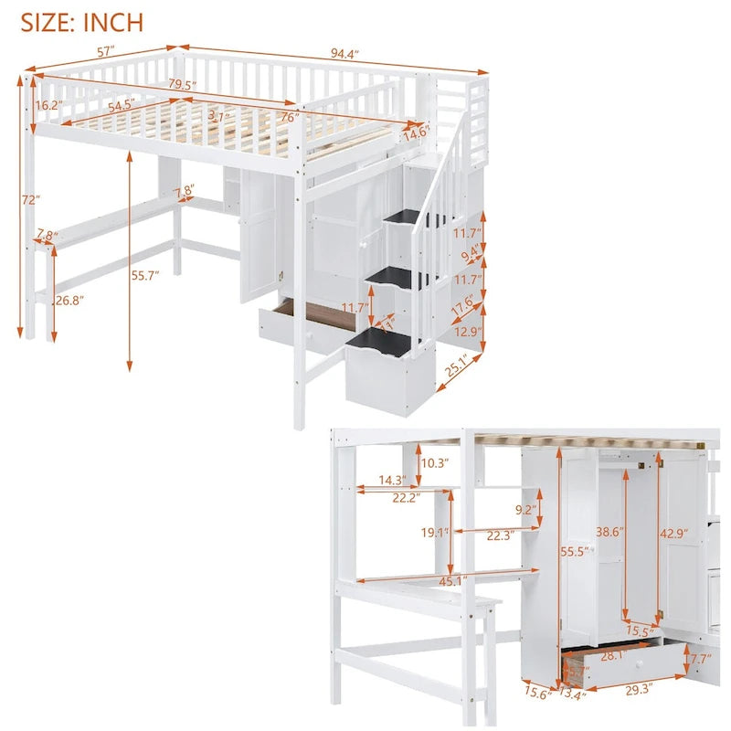 White Full Pine Loft Bed with Bookshelf, Drawers, Desk, Wardrobe, Storage Stair