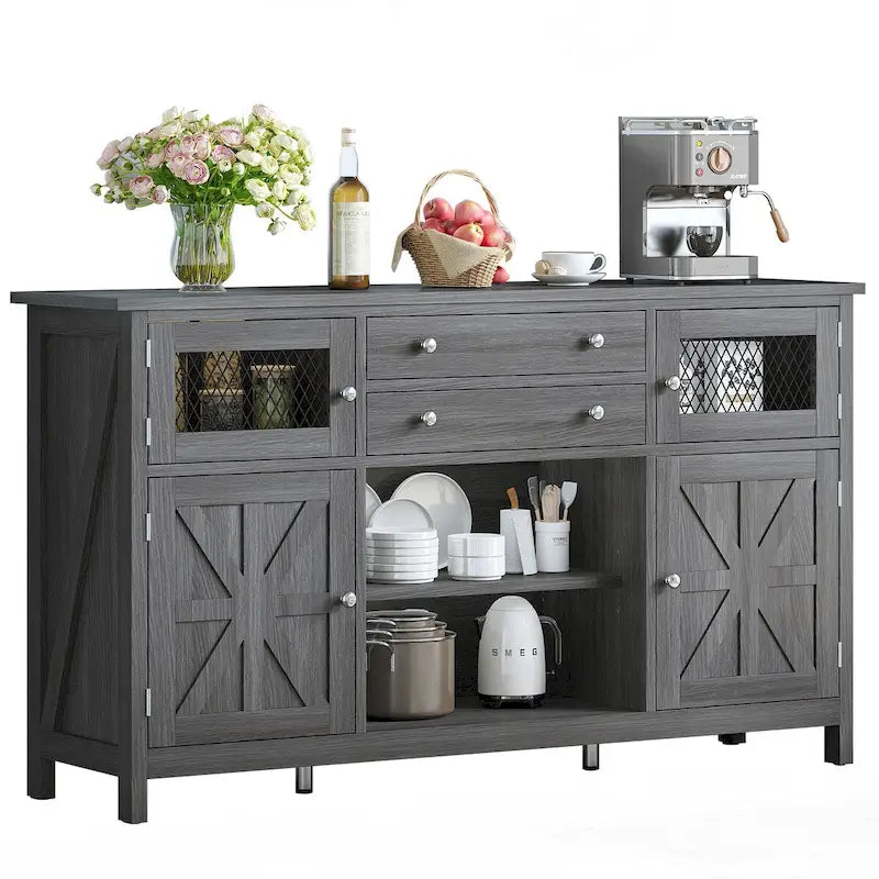 59 Coffee Bar Cabinet Barn Door Storage Cabinet With 2 Large Drawers & Visual Grid Door