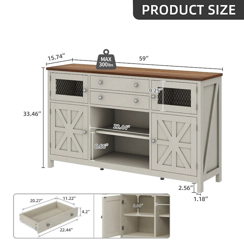 59 Coffee Bar Cabinet Barn Door Storage Cabinet With 2 Large Drawers & Visual Grid Door