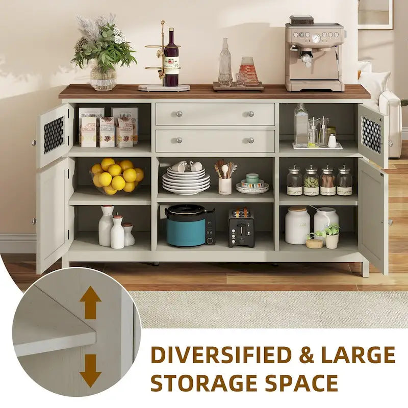 59 Coffee Bar Cabinet Barn Door Storage Cabinet With 2 Large Drawers & Visual Grid Door