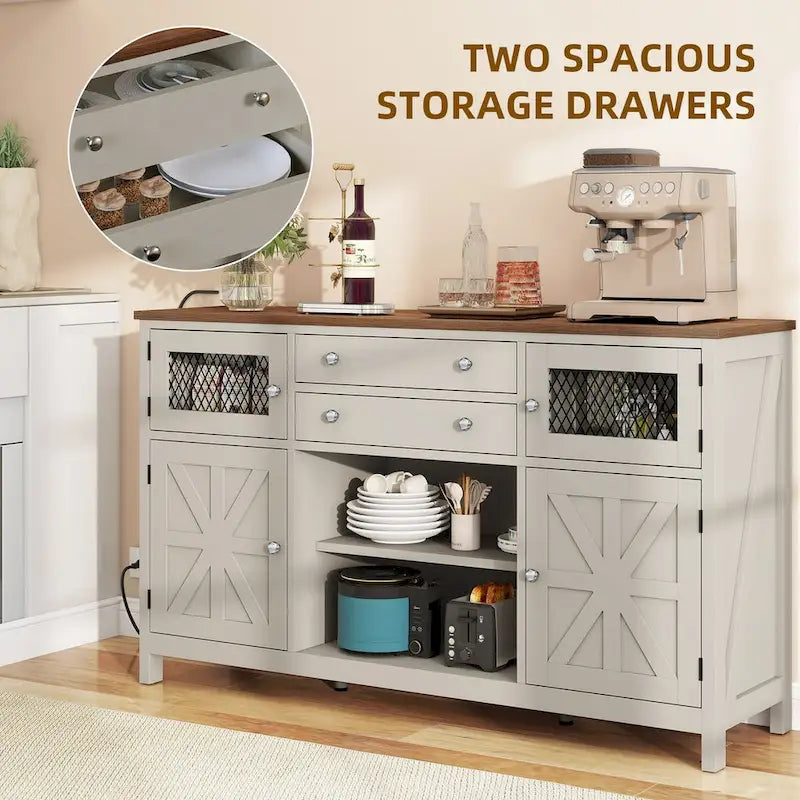 59 Coffee Bar Cabinet Barn Door Storage Cabinet With 2 Large Drawers & Visual Grid Door