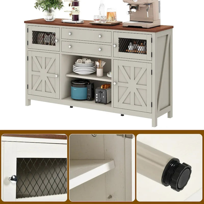 59 Coffee Bar Cabinet Barn Door Storage Cabinet With 2 Large Drawers & Visual Grid Door