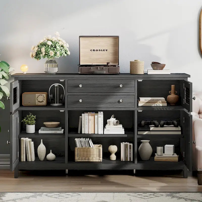 59 Coffee Bar Cabinet Barn Door Storage Cabinet With 2 Large Drawers & Visual Grid Door