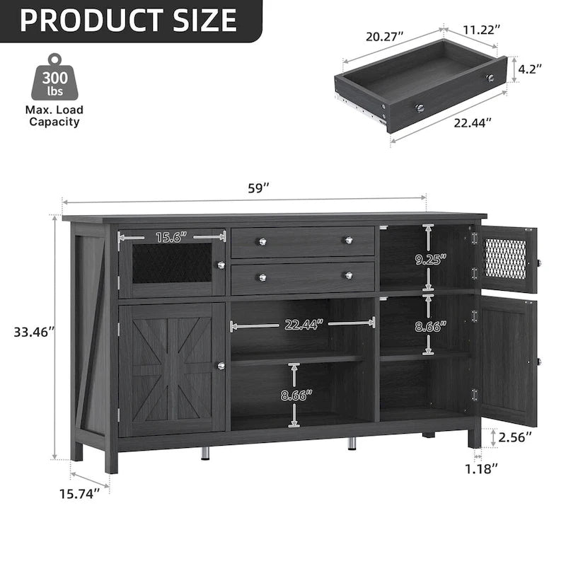 59 Coffee Bar Cabinet Barn Door Storage Cabinet With 2 Large Drawers & Visual Grid Door