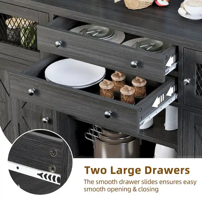 59 Coffee Bar Cabinet Barn Door Storage Cabinet With 2 Large Drawers & Visual Grid Door