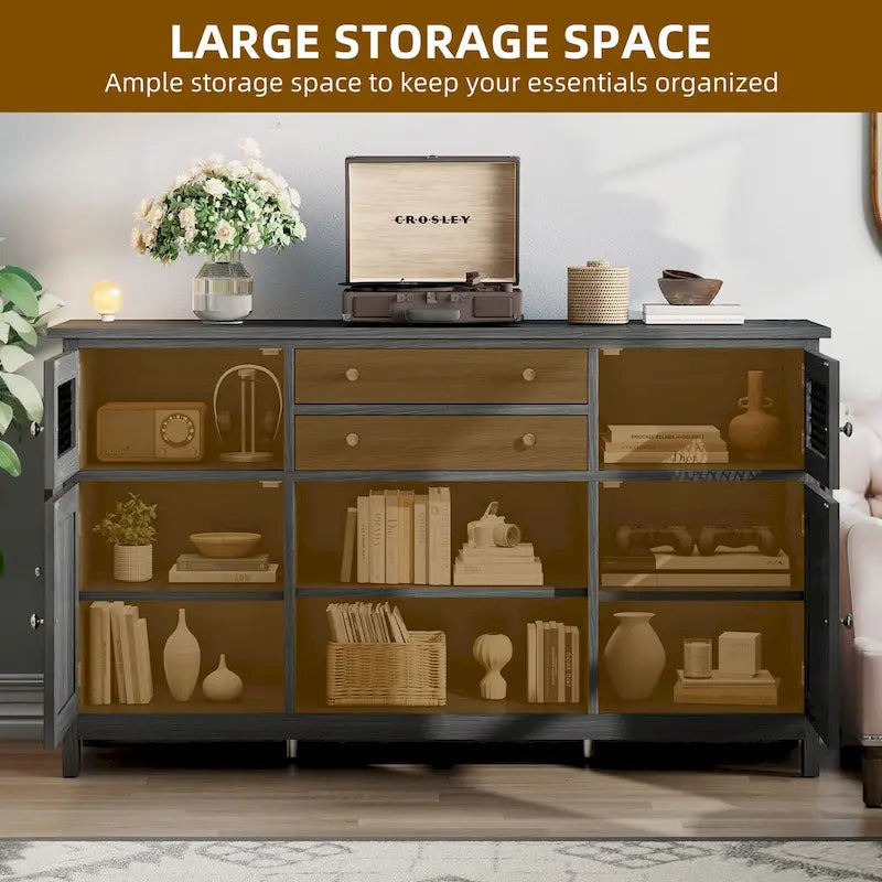 59 Coffee Bar Cabinet Barn Door Storage Cabinet With 2 Large Drawers & Visual Grid Door