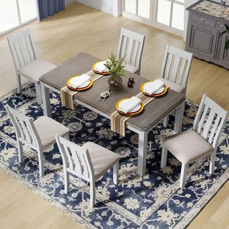 Retro Style 7 PCS Dining Table Set for 6-Extendable Table and 6 Upholstered Chairs