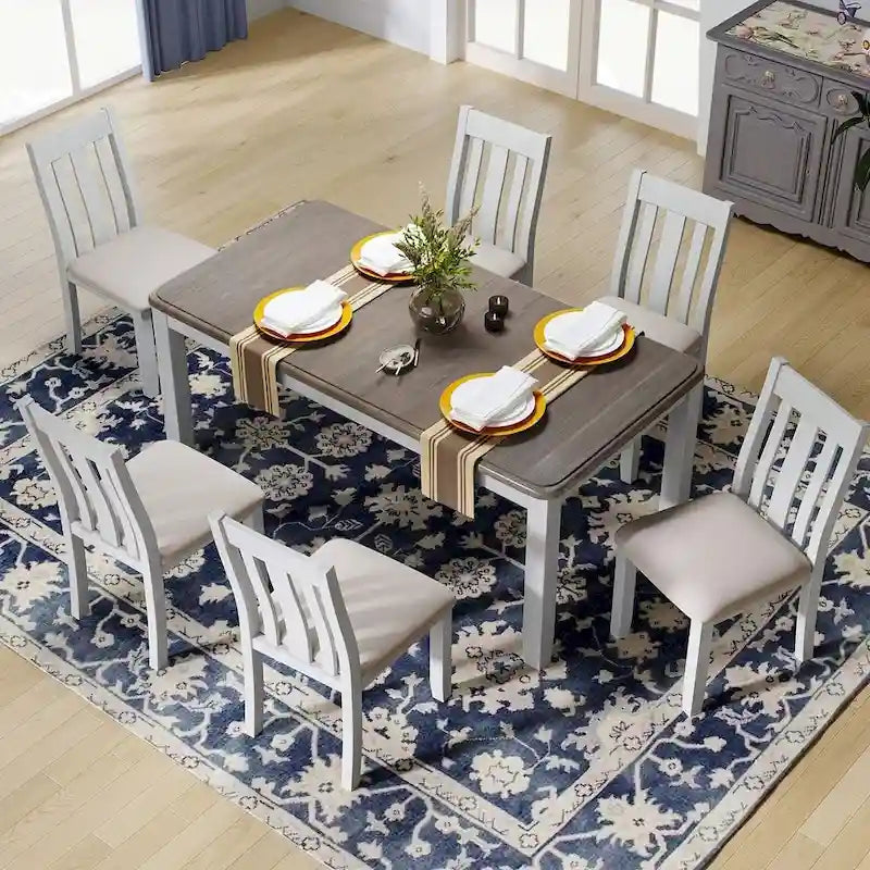 Retro Style 7 PCS Dining Table Set for 6-Extendable Table and 6 Upholstered Chairs