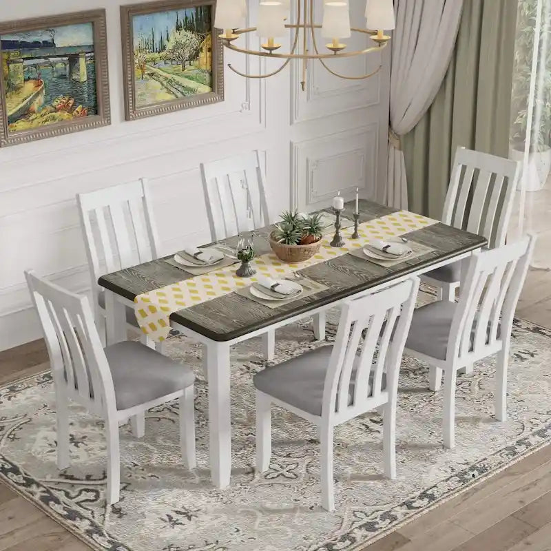 Retro Style 7 PCS Dining Table Set for 6-Extendable Table and 6 Upholstered Chairs