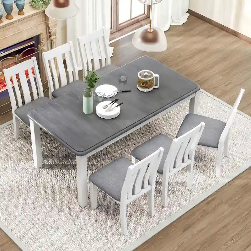 Retro Style 7 PCS Dining Table Set for 6-Extendable Table and 6 Upholstered Chairs