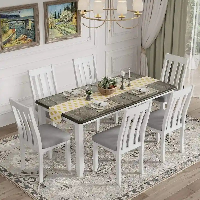 Retro Style 7 PCS Dining Table Set for 6-Extendable Table and 6 Upholstered Chairs