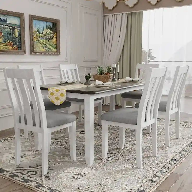 Retro Style 7 PCS Dining Table Set for 6-Extendable Table and 6 Upholstered Chairs