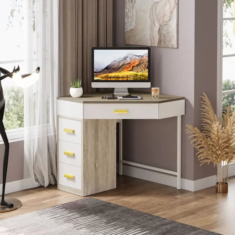 Wood/ Metal Corner Computer Desk Writing Table with 4 Drawers