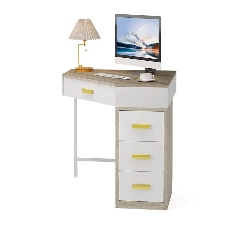 Wood/ Metal Corner Computer Desk Writing Table with 4 Drawers