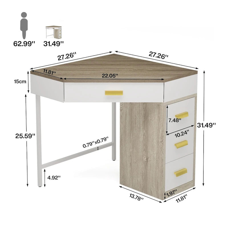 Wood/ Metal Corner Computer Desk Writing Table with 4 Drawers