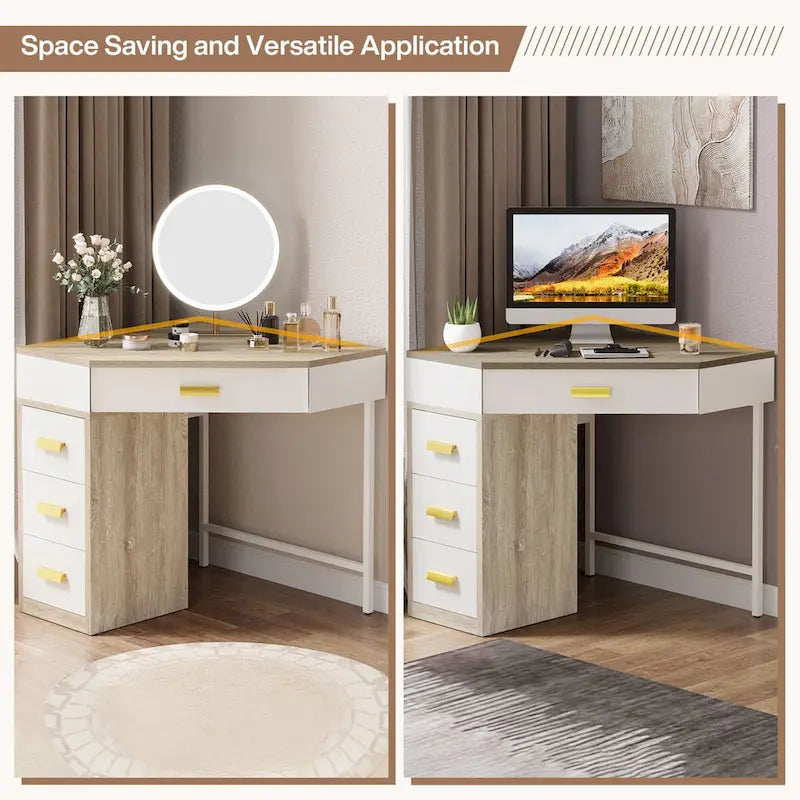 Wood/ Metal Corner Computer Desk Writing Table with 4 Drawers