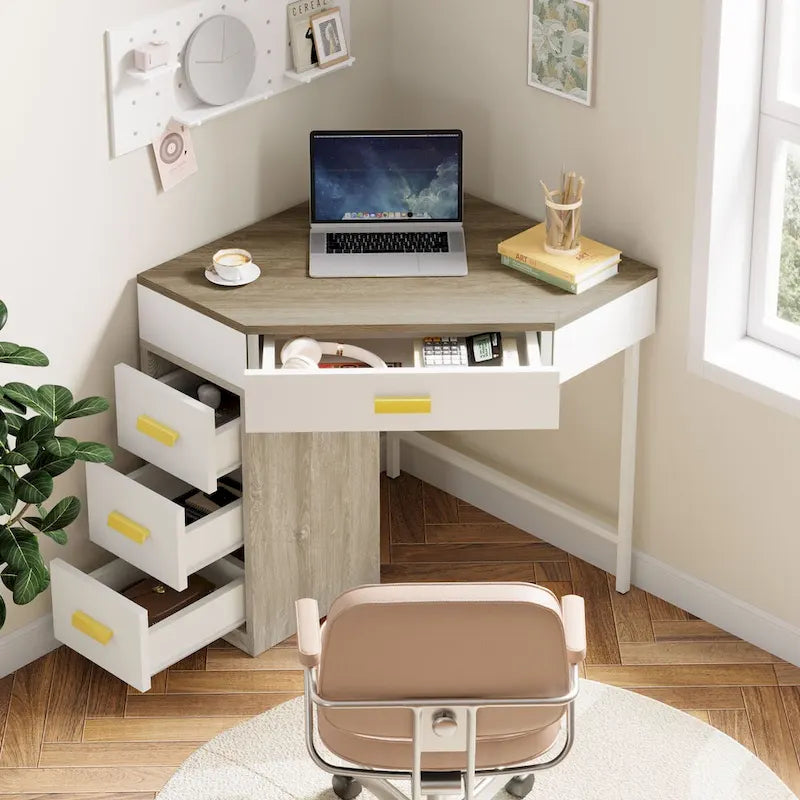 Wood/ Metal Corner Computer Desk Writing Table with 4 Drawers