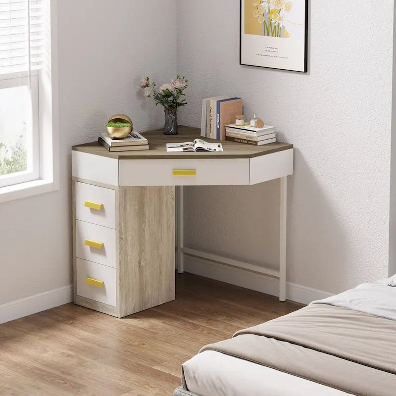 Wood/ Metal Corner Computer Desk Writing Table with 4 Drawers